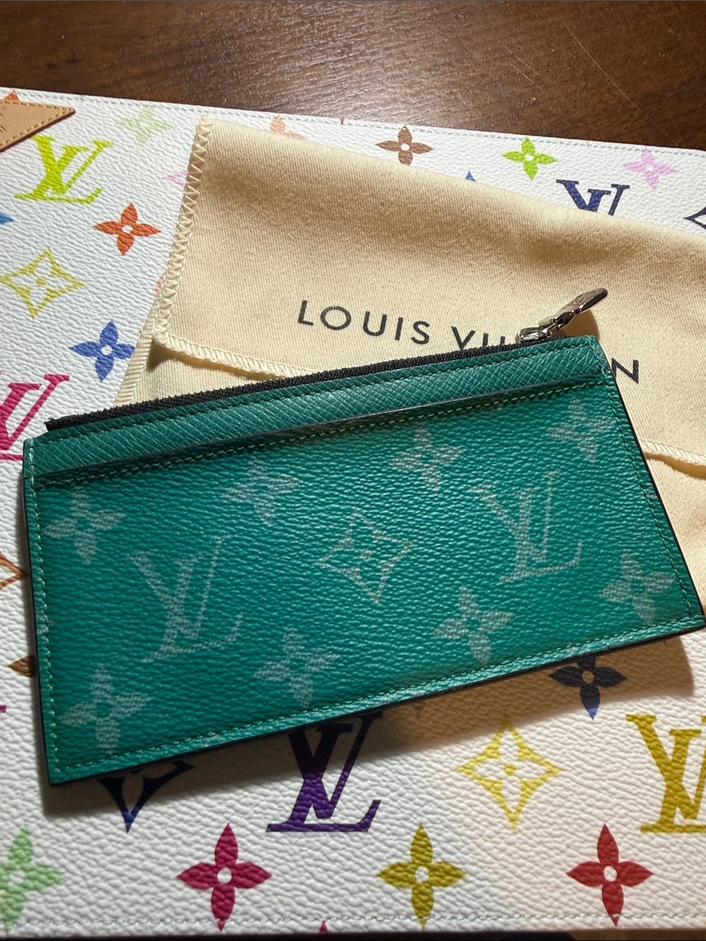 Authentic Louis Vuitton Taigarama Coin and Card Holder Miami Green - Picture 2 of 8